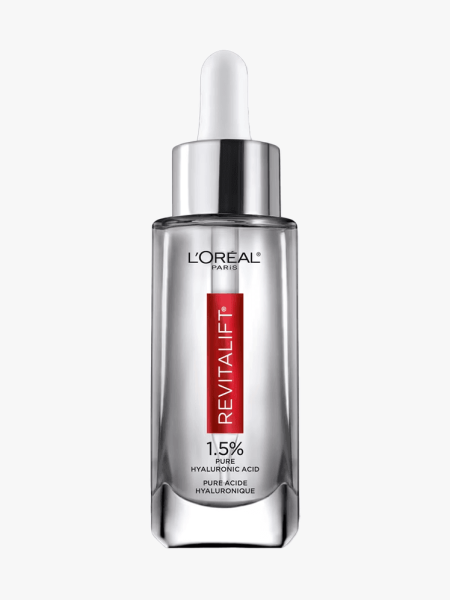 L'Oréal Paris Revitalift 1.5 % Pure Hyaluronic Acid Serum in branded component on a light gray background