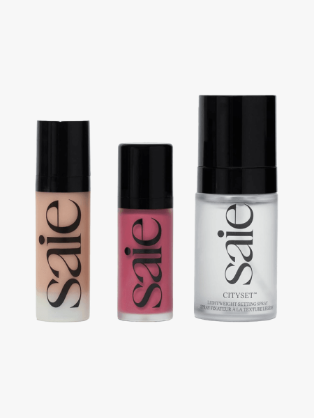 Saie The Saieglow Bestsellers Kit in multiple branded components on a light gray background
