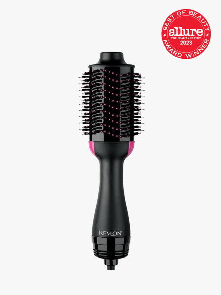 Revlon One-Step Volumizer Plus in branded component with the 2023 best of beauty seal in the top right corner on a light gray background