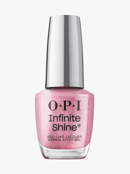 Bottle of OPI Infinite Shine Gel-Like Lacquer in "Berry Pink Shimmer" with silver cap on light gray background