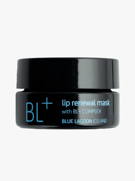 Blue Lagoon Skin Science BL+ Complex Lip Renewal Mask in branded tub component on a light gray background