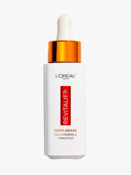 L'Oreal Paris Revitalift Vitamin C + E + Salicylic Acid Serum in branded dropper component on a light gray background